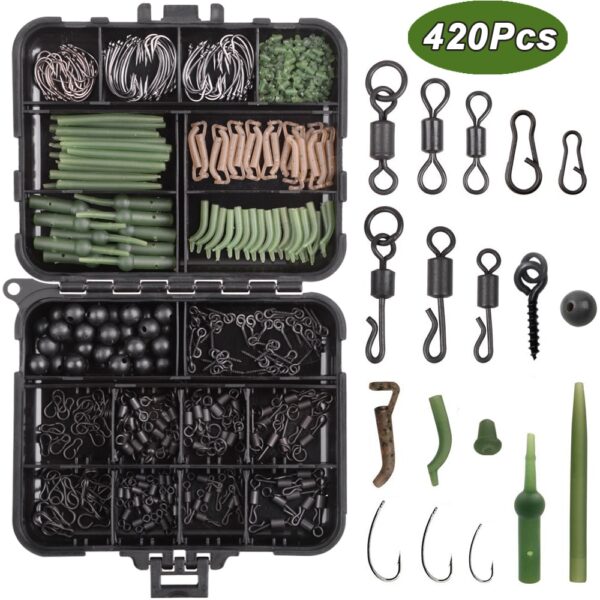 420Pcs/Box Fishing Tackle Kit Including Swivels Hooks Anti Tangle Sleeves Hook Stop Beads Boilie Bait Screw Accessories