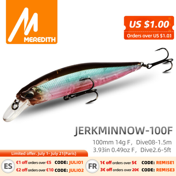 MRERDITH JERK MINNOW 100F 14g Hot Model Fishing Lure Hard Bait 24Color wobbler Minnow Quality Professional Depth0.8-1.5m