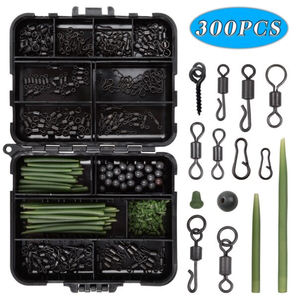 300Pcs/Box Fishing Tackle Kit Including Anti Tangle Sleeves Hook Stop Beads Boilie Bait Screw Rolling Swivel Snaps